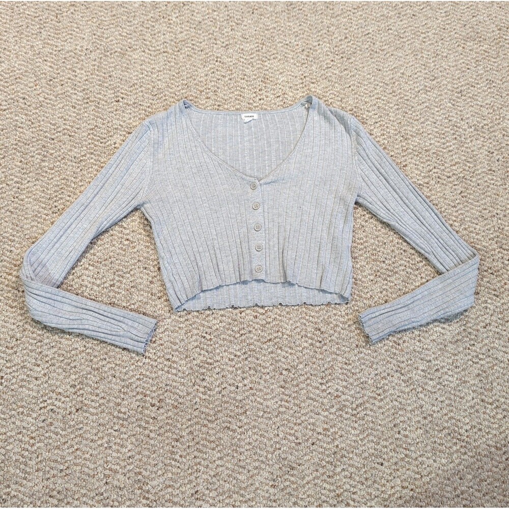 Garage Cropped Henley Ribbed Shirt Top Womens Small Gray V Neck Long Sleeve